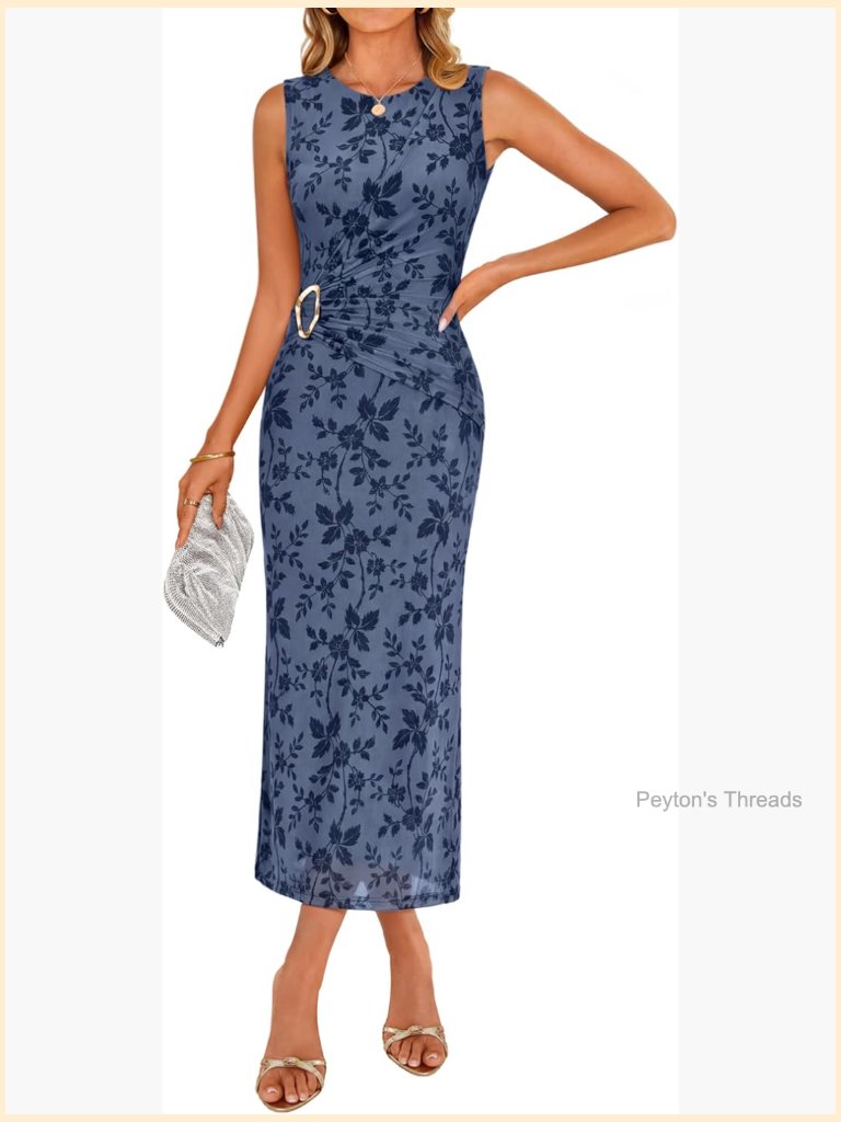 Sleeveless Floral Bodycon Midi Dress Ruched Mesh Crew Neck Party